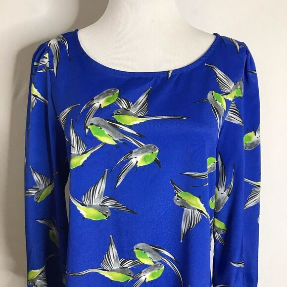 The Vintage Shop Blue Green Bird Print Dress Medium Long Sleeve - Picture 2 of 6